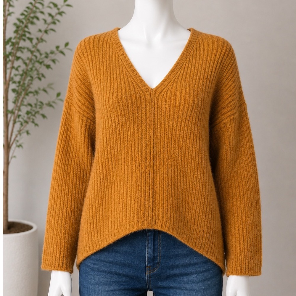Gibson Latimer Ribbed V Neck Sweater Women's XL Camel Rust Cozy Knit Top